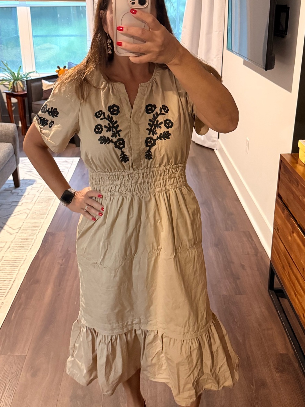 French Connection Beige Embroidered Smocked-Waist Midi Dress